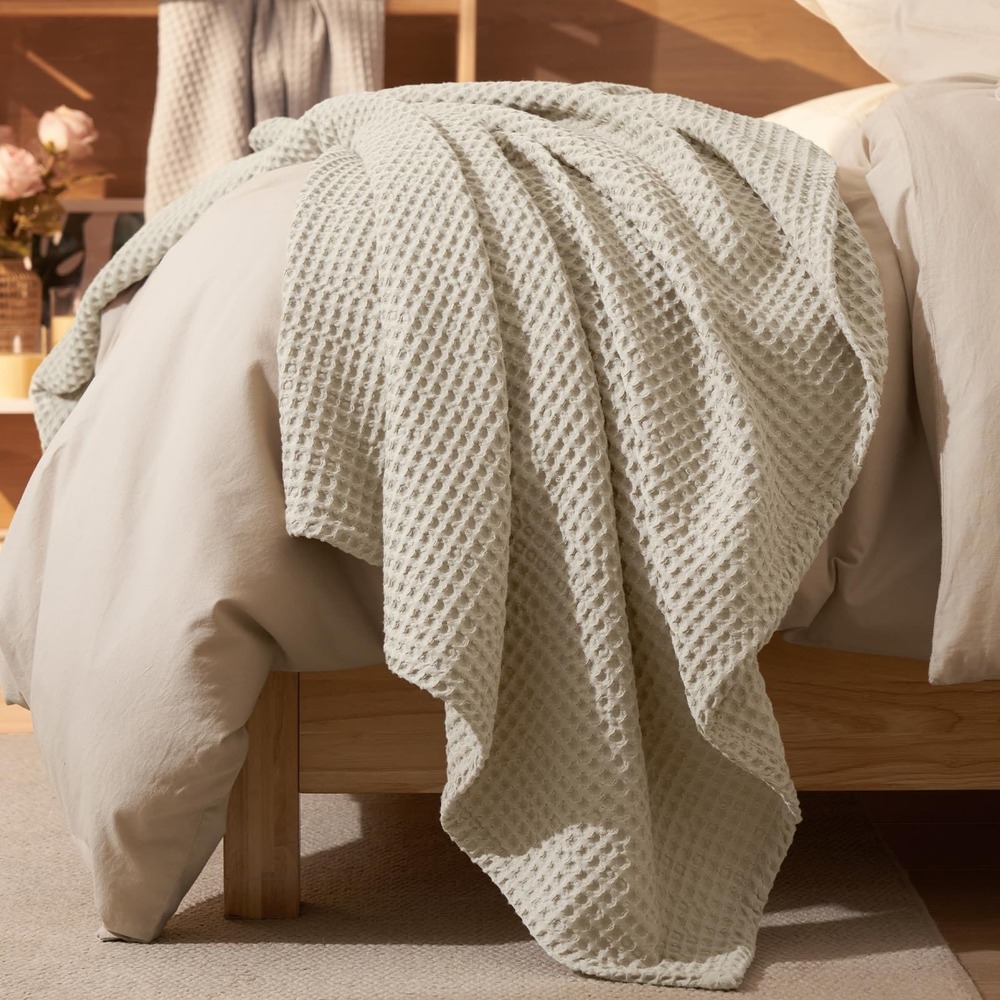 PHF Waffle Weave Throw Blanket 50"x60"Light Beige Soft Farmhouse Cozy New
